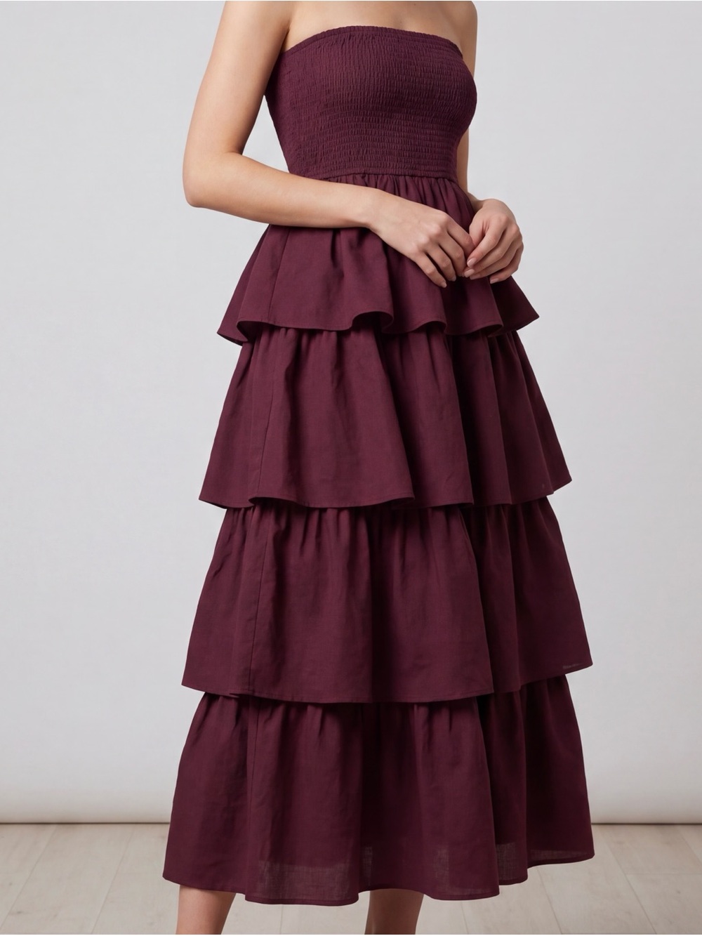 PrettyGarden Strapless Tiered Ruffle Maxi Dress in Deep Wine Size S